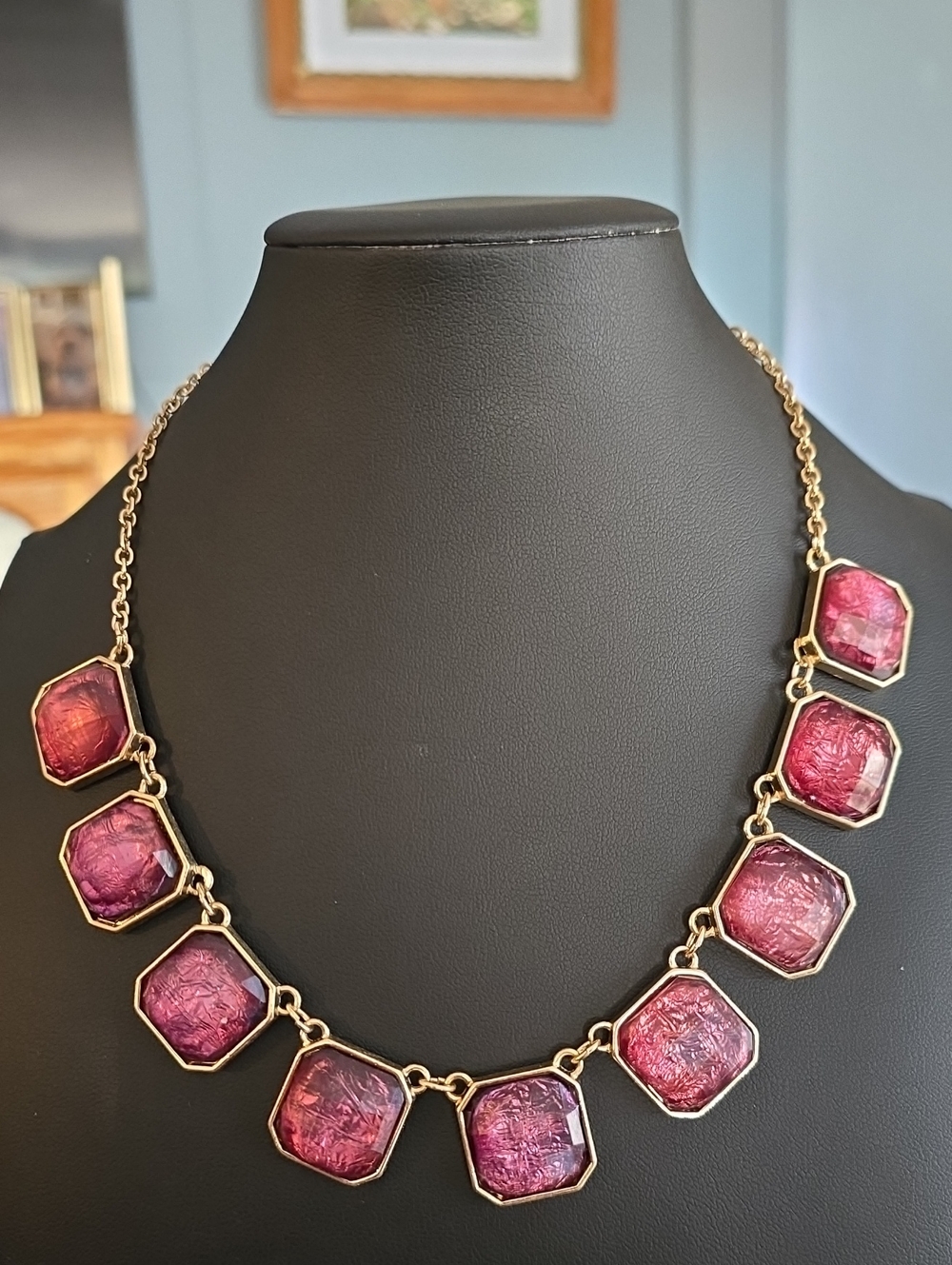 Gold-Tone Pink/purple Faceted Gem Statement Necklace